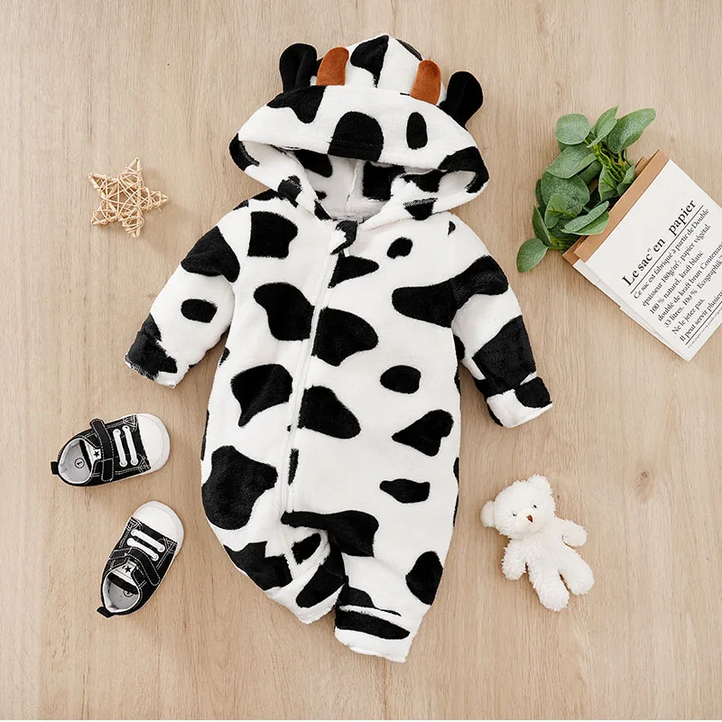 Baby Fleece Jumpsuit Cute Cow Thick Clothing Long Sleeved Warm Hooded Sweatshirt Newborn Outdoor Climbing Suit