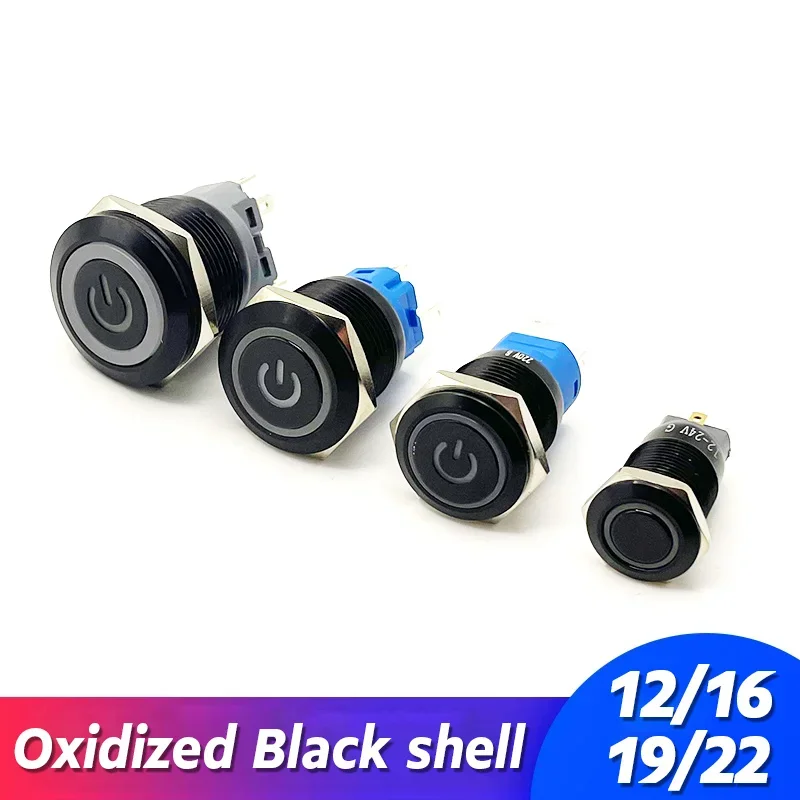 12/16/19/22mm Oxidized Black shell Push Button Switch Momentary Latching Fixed On Off Power Switch LED Light Various Colors