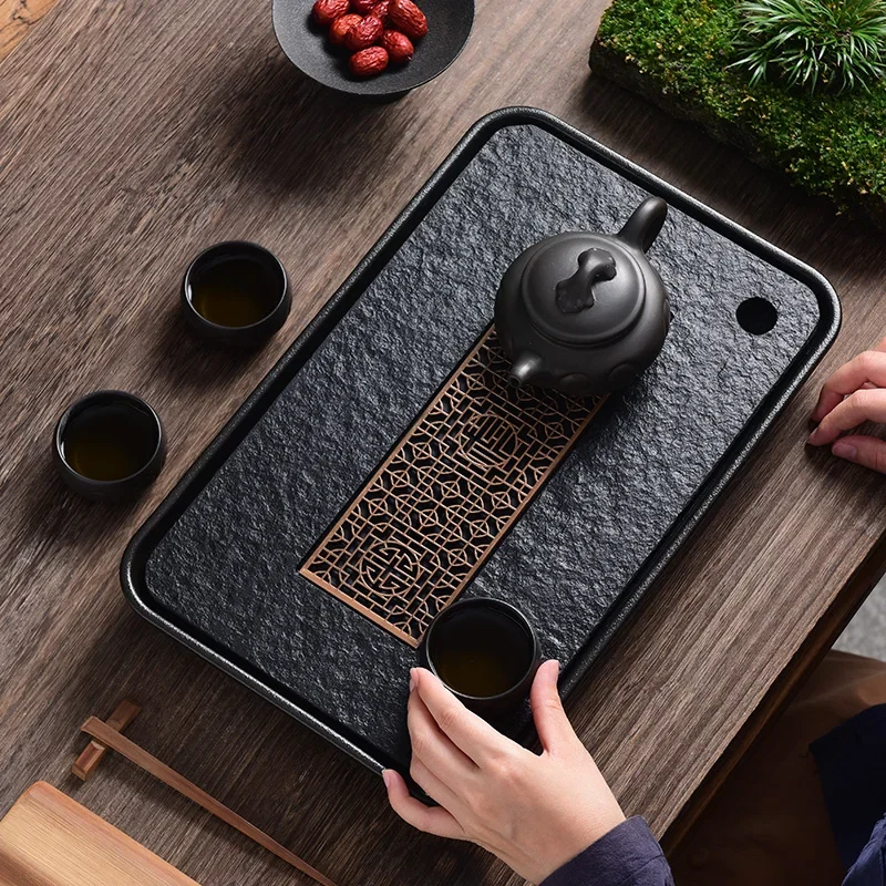 

Chinese Kung Fu Tea Trays Table Luxury Pu Erh Irregular Tea Trays Stone Drainage Vintage Tee Tablett Office Accessories WK50TT