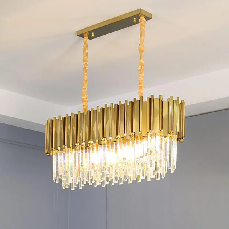 

Modern Luxury Crystal Chandelier Oval Stainless Steel Body Hanging Fixtures Dining Room Lamp Restaurant Lighting