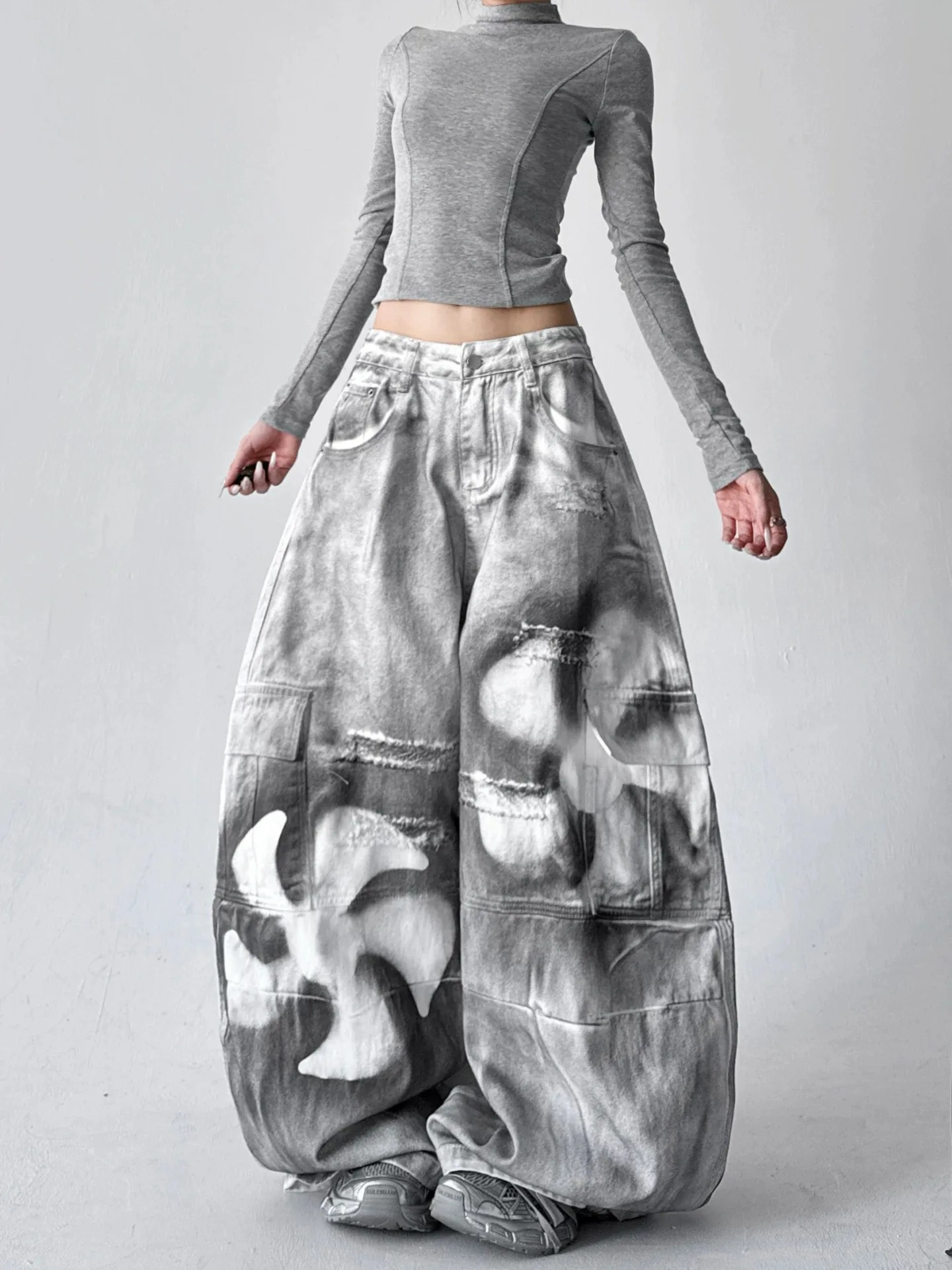 Spodnie damskie Y2K na zimę, casualowe, z nadrukiem farbą, luźne, wyszczuplające, z prostymi nogawkami, szerokie nogawki, uniwersalne jeansy, modne.