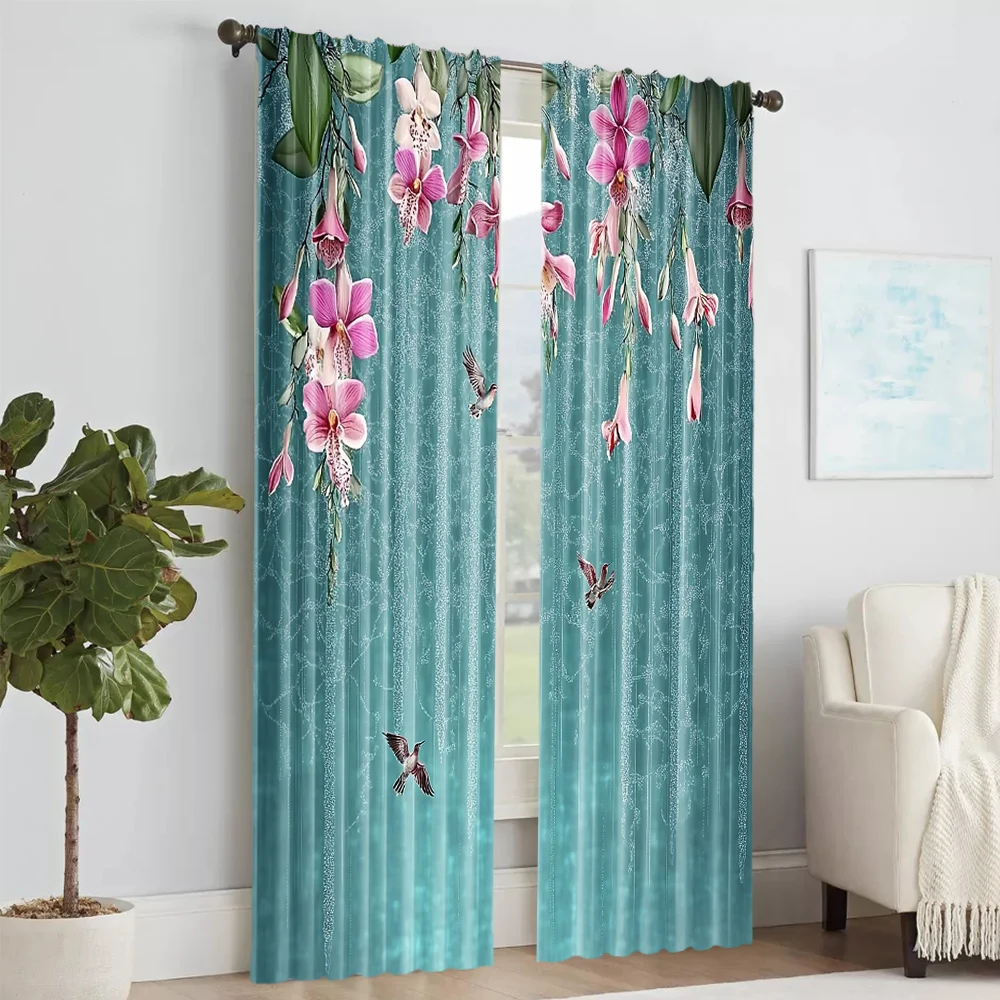 2Pcs Blackout Flower Bird Print Curtains For Living Room Bedroom Office Kitchen Home Decor Room Decor Uv-Resistant