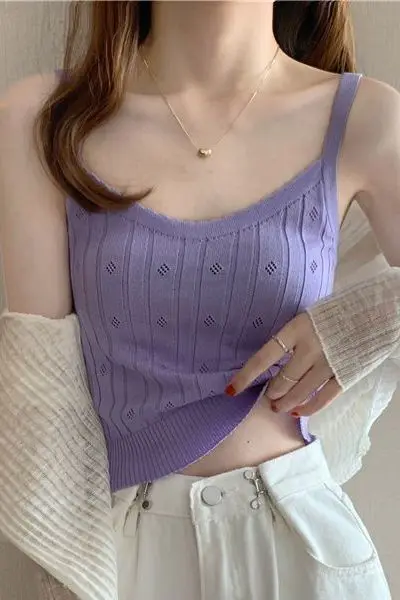 

Милый вязаный топ, летние топы на бретелях с круглым воротником, женские тонкие топы без рукавов, женский жилет в рубчик, повседневные однотонные майки D47