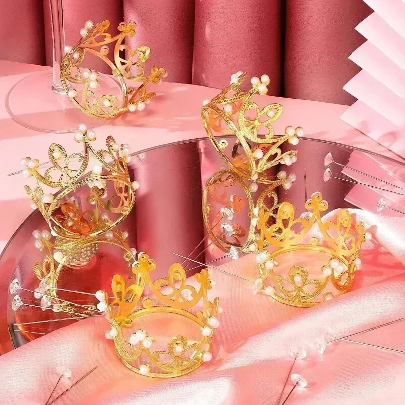 30/1Pcs Mini Crown Cake Decoration Gold Silver Pearl Tiara Crowns for Children Hair Ornaments DIY Cake Topper Wedding Decoration