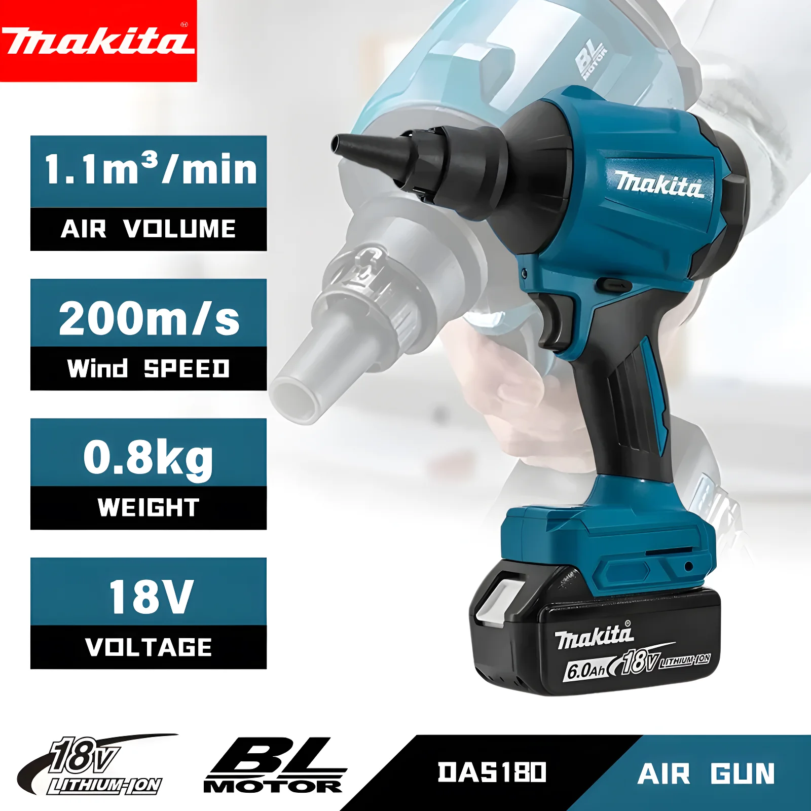 Makita DAS180 souffleur d'air sans brosse pistolet de dépoussiérage d'air sans fil avec buse 18V outil de gonflage de Machine d'époussetage multifonction