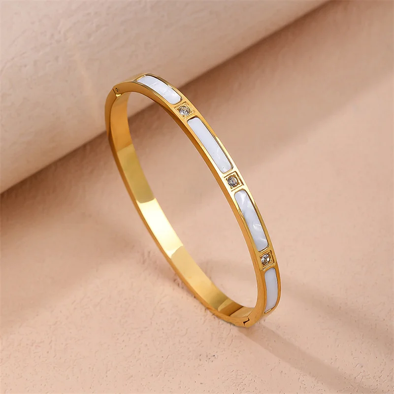 Fashion Shell Rhinestones Wristlet Stainless Steel Bracelets For Women Gold Color Bangles No Fading Jewelry Gift