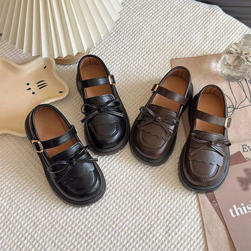 

Childrens Spring Autumn Fashion Leather Shoes Girls Simple Lace Bow Princess Shoe Woman Solid Color Thickened Soft Soled Loafers