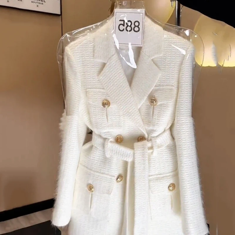 Giacca da abito in lana retrò donna 2024 autunno inverno nuovo cappotto Slim Blazer doppiopetto Joker femminile lungo elegante capispalla di lusso