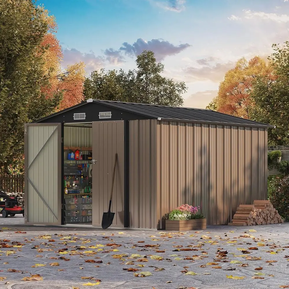 

Large Outdoor Storage Shed - 8x10 ft Metal Garden Tool Shed with Sloping Roof and Double Lockable Doors, Brown