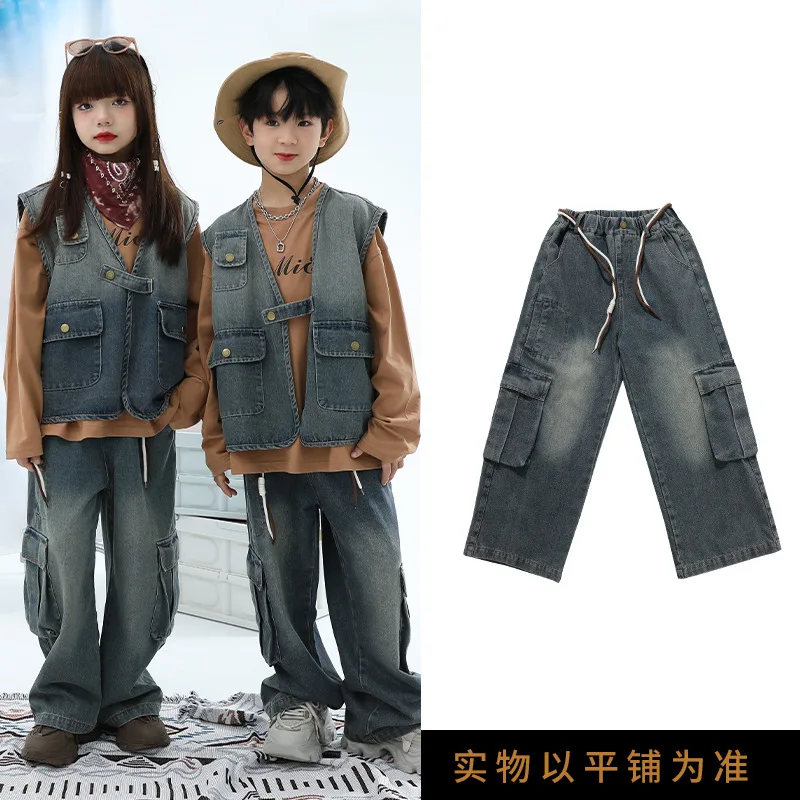 

Girl Boy Hip Hop Clothing Denim Gray Blue Sleeveless Jacket Vest Casual Cargo Jeans Pants for Kid Jazz Dance Costume Clothes Set