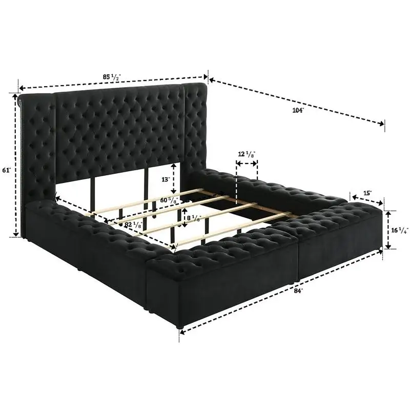 سرير كوين أسود معاصر مع لوح رأسي منجد ومقصورات تخزين متعددة - غرفة نوم خشبية أنيقة #6