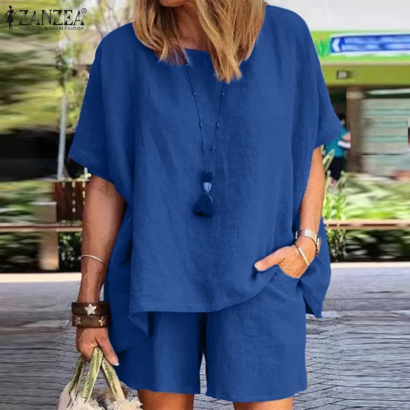 

ZANZEA Women Summer 2 Pieces Sets Tracksuit Casual O Neck Short Sleeve Blouse Shorts Suits Solid Color Outfits Matching Set 2026