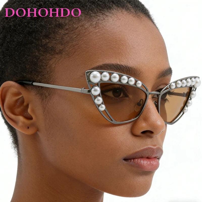

Trend Popular Pearl Decoration Luxury Cat Eye Women Sunglasses Metal Frame Men Sunglass Brand Design Travel Party Eyewear UV400