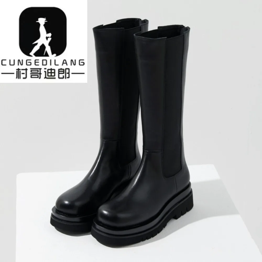 Men Knee High Boots Thick-soled Genuine Leather Long Boots Round Toe Platform Shoes Fashion Knight Boot Zipper Leather Men Shoes