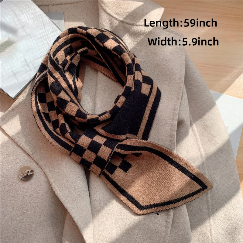 Fashion Plaid Knitted Neck Scarf Autumn Cross Tie Scarves For Women Rings Windproof Neck Protection Warmer Fake Collar 110*11cm