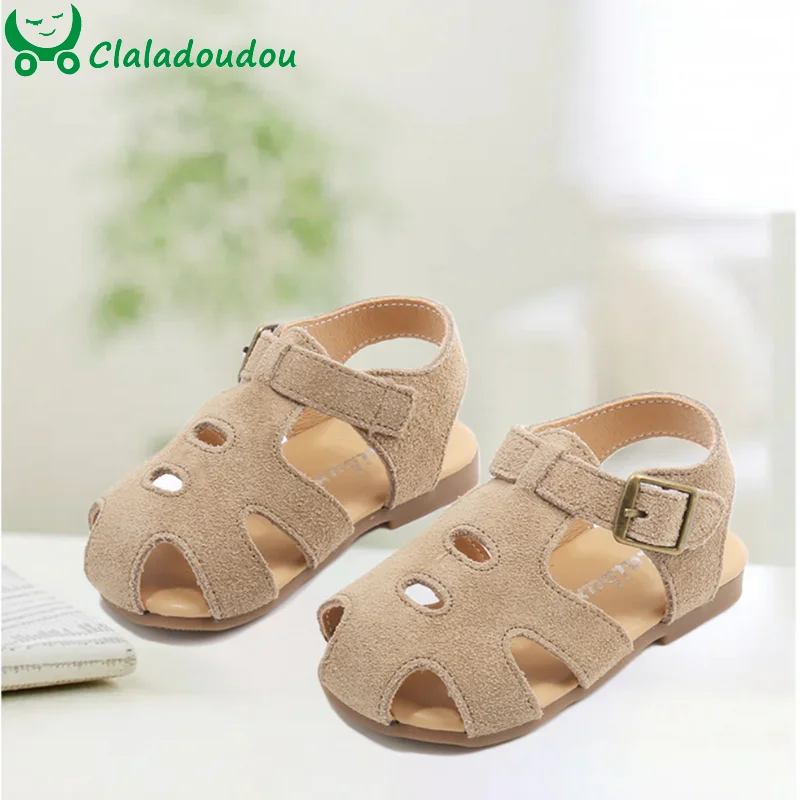 

Claladoudou Genuine Leather Gladiator Sandals For Girls Solid Soft Closed Toe Summer Shoes For Toddler Hollow Beach Sandals