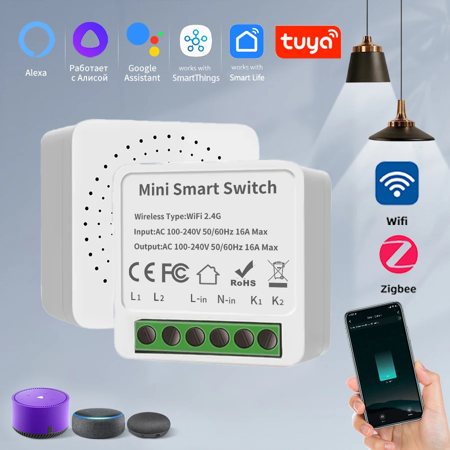 Tuya WiFi/Zigbee3.0 Smart Switch Mini Breaker DIY Module Remote Timer Wireless Light Control Work with Smart Life Alexa Google