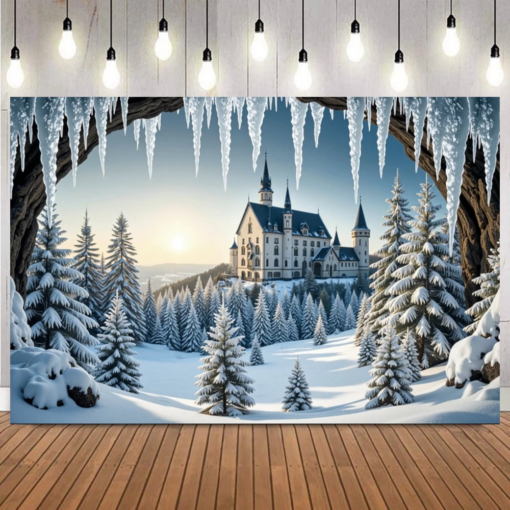 Winter Ice Snow Castle Photography Background Snow Scene Frozen Forest Wonderland Christmas Party Home Decor Photo Backdrop Prop