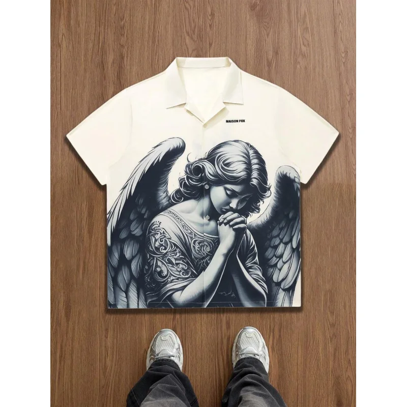 Casual Summer Shirts for Men, Button Down, Beach and Vacation Style, Vintage Streetwear Style, Angel Print