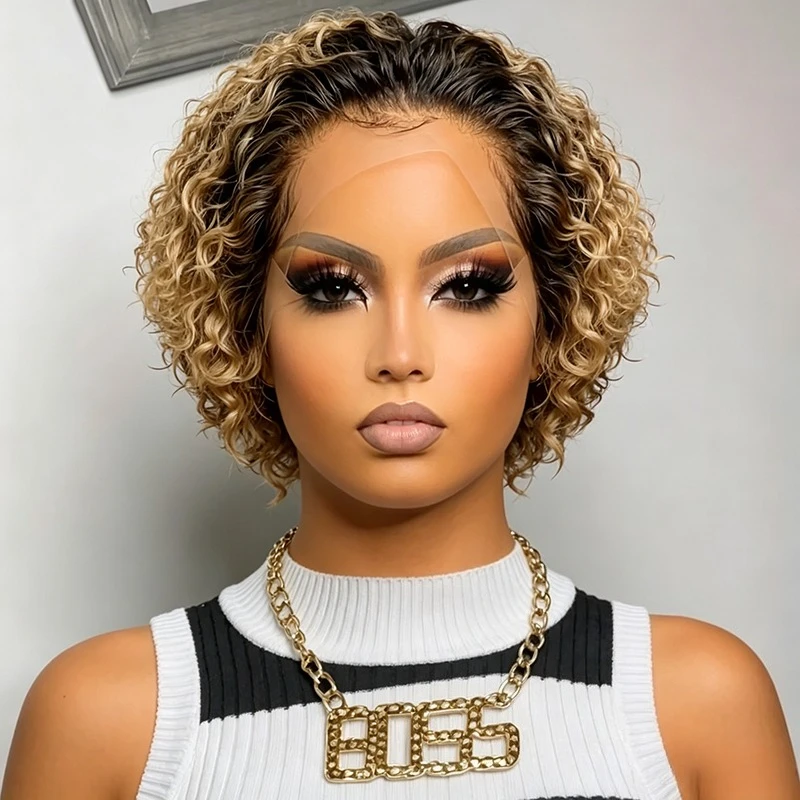 1B/27 Color 13x1 Transparent Lace Front Human Hair Wig for Women Pixie Cut Curly Wave Wig 150% Density 6 Inch