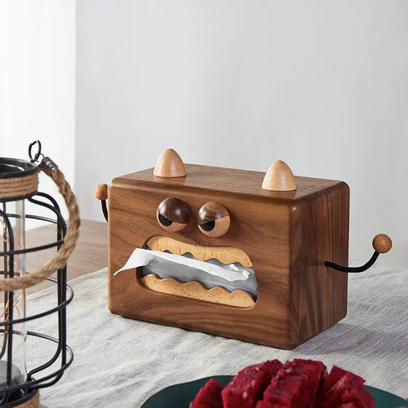 Walnut Tissue Box Little Monster Wooden Living Room Dining Table Tissue Box Storage Household Cartoon Side Pumping Carton