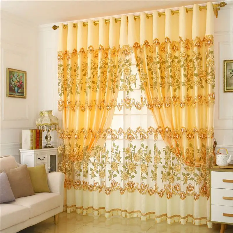 Gold Floral Double Layer Curtain European Style Sheer Tulle Window Treatment, Living Room Bedroom Decor