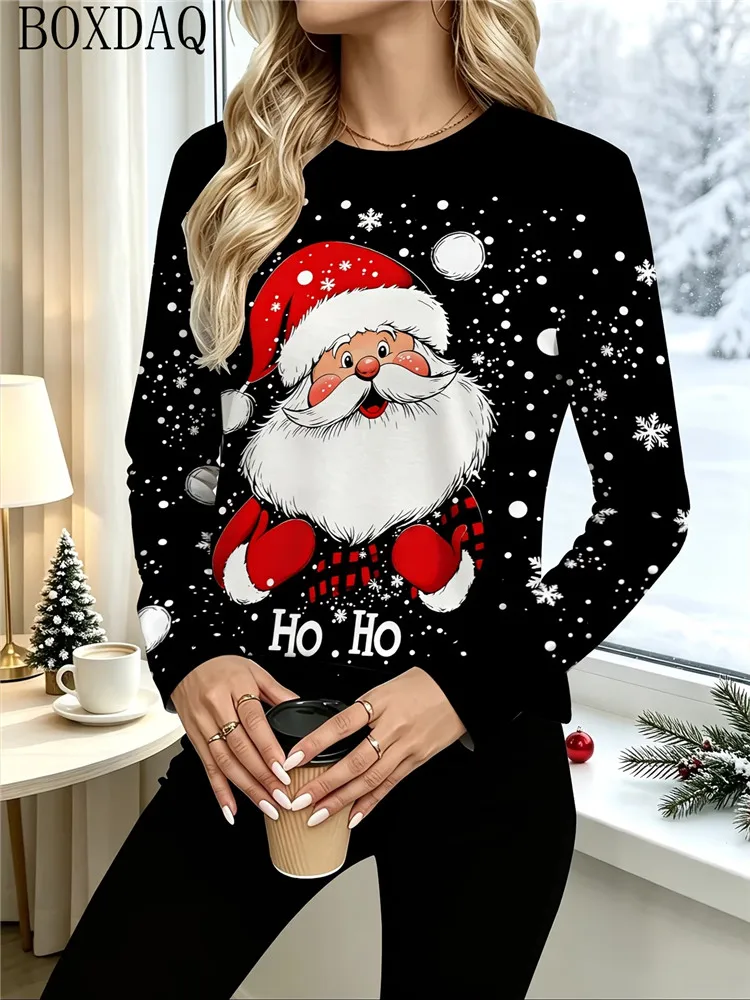 New Fashionable Women's T-Shirts Casual Long Sleeved Round Neck Christmas Tree Print Loose T-Shirt Daily Comfortable Women's Top