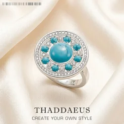Round Blue Ornament Ring,Europe Style Glam Fashion Good Jewelry For Women Spring Gift In 925 Sterling Silver