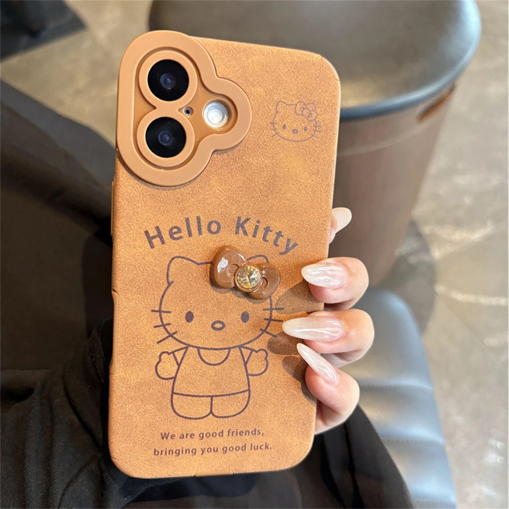 Cartoon Hello Kitty KT Cat Suede Leather Phone Case for iPhone 16 15 13 14 Pro Max Camera Protection Shockproof Bumper Cover