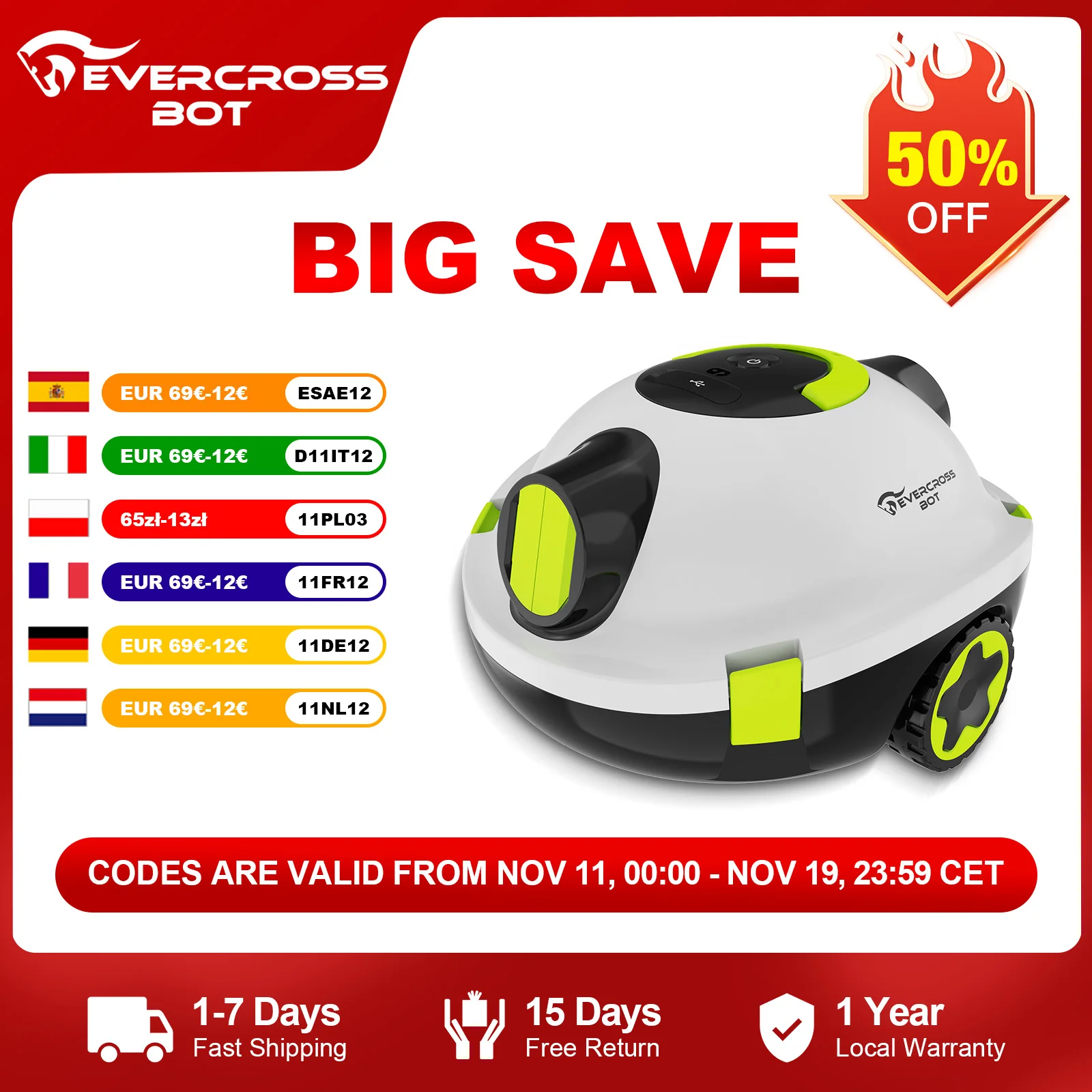 EVERCROSS BOT Y10 Robots de piscina, limpieza de suelos de 100 min, área de limpieza 120m 2, función de autocaravana, filtro de 180 μm