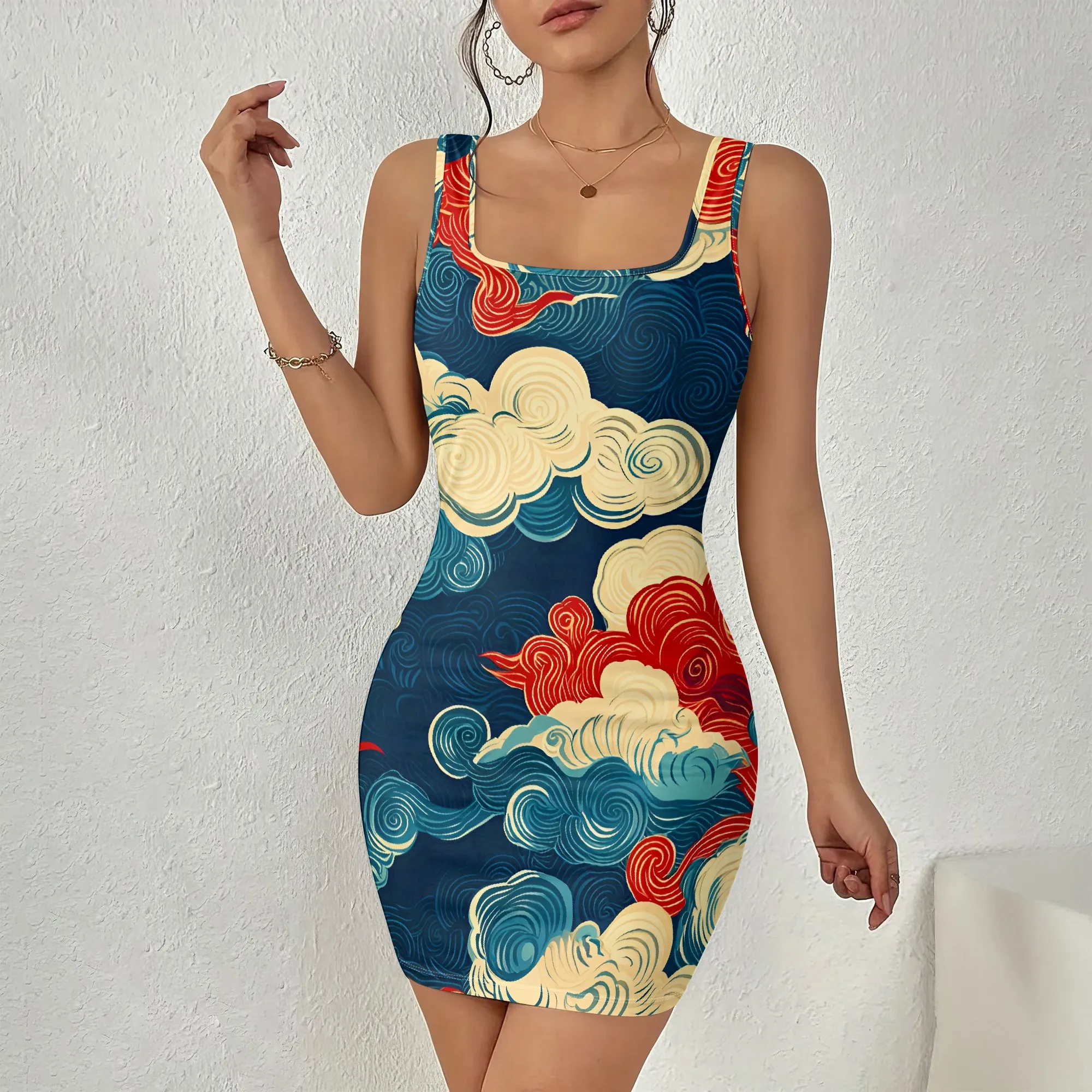 

Cloud Wave Print, Sleeveless Mini Dress, Bodycon Fit, Slimming A-Line, Summer Beach Party Wear, S-2XL