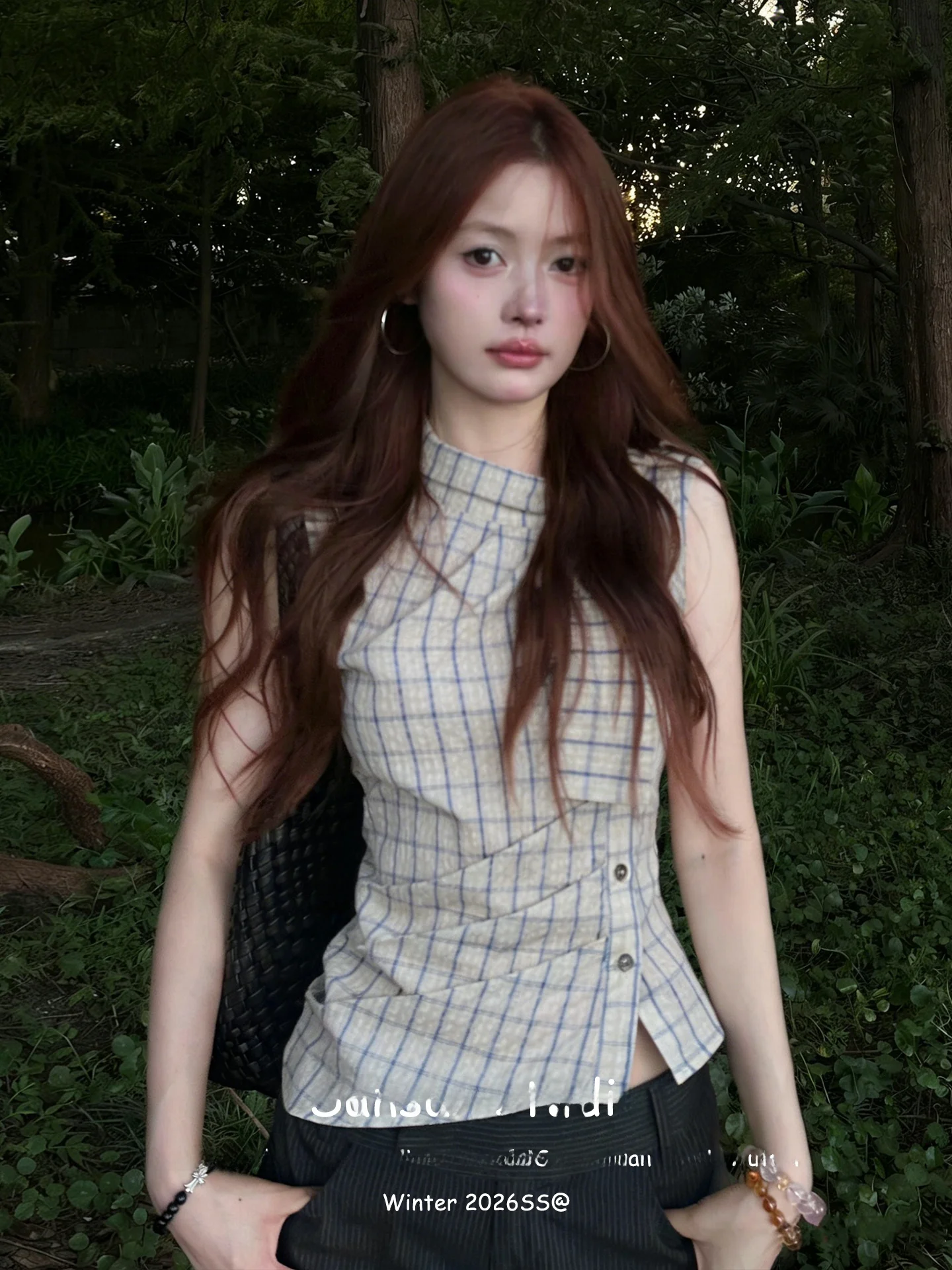 Retro American Plaid Vest Women's Early Summer Slimming Belted Shirtless Top Breathable Casual Workwear Style Wrap around Nec...