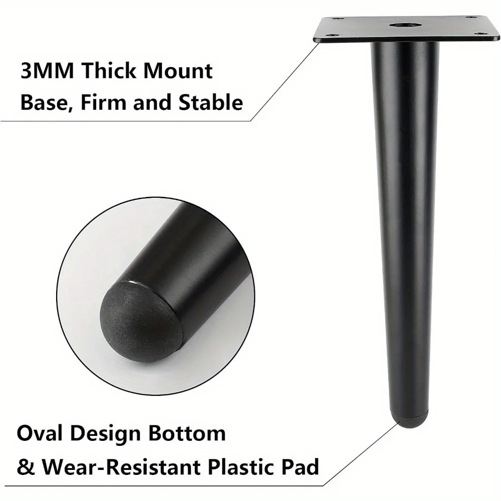Set of 4 Furniture Legs Straight Tapered Metal Leg Matte Black Mid-Century Modern Furniture Feet for Cabinet Sofa Couch Table
