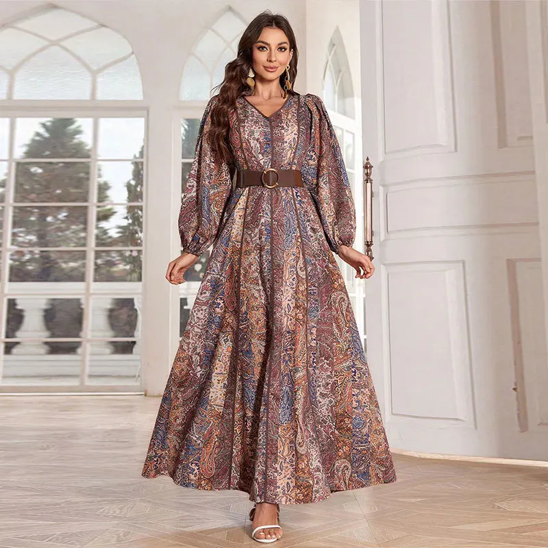 UNI Dubai Abayas Muslim Women Elegant Caftan Dress Islam Flower Print Jalabiya Caftan Marocain Eid Ramadan Musulmane Vestidos