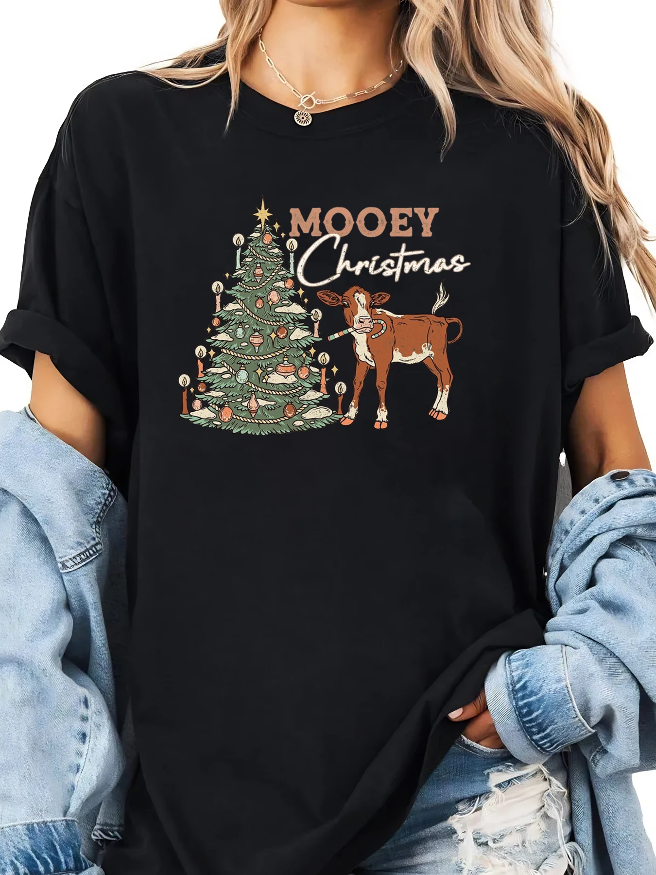 بقرة شجرة عيد الميلاد Mooey عيد الميلاد طباعة تي شيرت المرأة عطلة لباس غير رسمي أسود حجم كبير