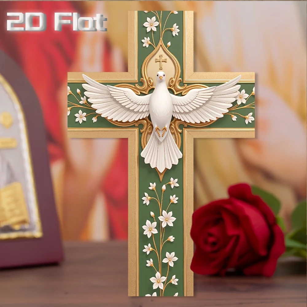 Vintage-style Wooden Wall-mounted Cross Featuring 2D Design with White Doves and Floral Decor Perfect for Home and Church Decor view 6