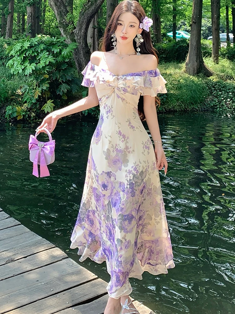 Summer Purple Floral Chiffon Chic Ruffled V-Neck Sexy Long Dress Women Boho Elegant Casual Dress 2025 Korean Bodycon Party Dress