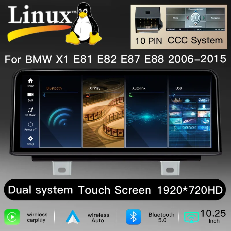 10,25" 1920*720 IPS-scherm, draadloze CarPlay, Android 14 autoradio voor BMW 1-serie E81 E82 E87 E88 CCC/CIC 2006-2012, multimedia-speler, GPS-navigatie, 4G, DSP, BT, stereo, hoofdunit.