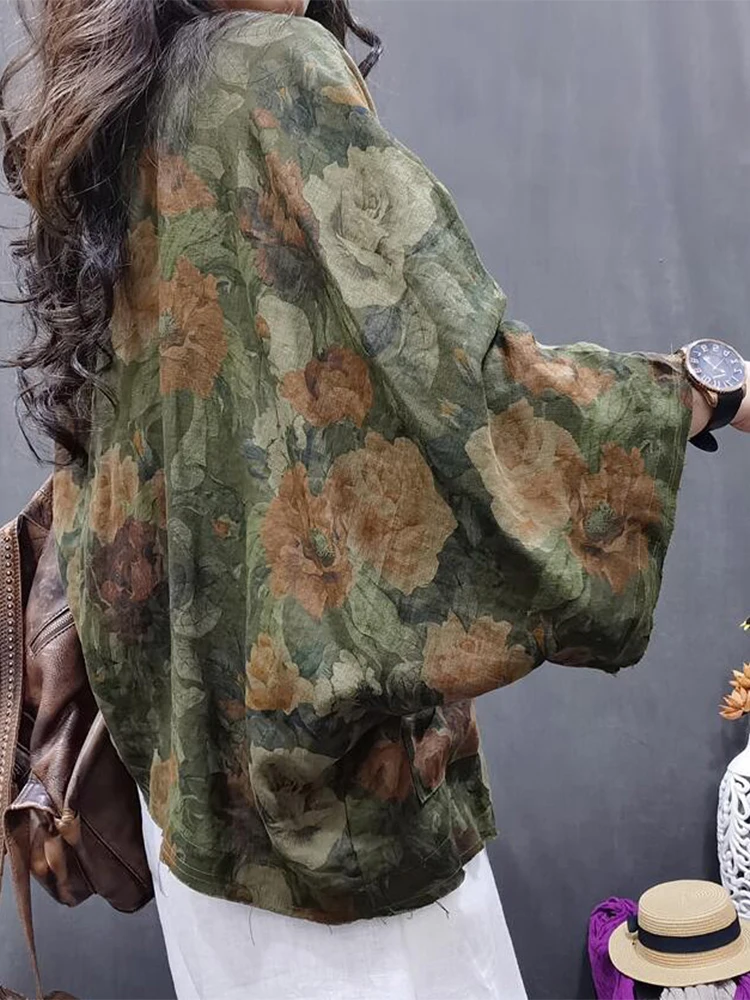 

Vintage Ethnic Sle Printed Women's Top Autumn Faion Versatile Worn-look irt Loose Fit Long Sve Button down Coat