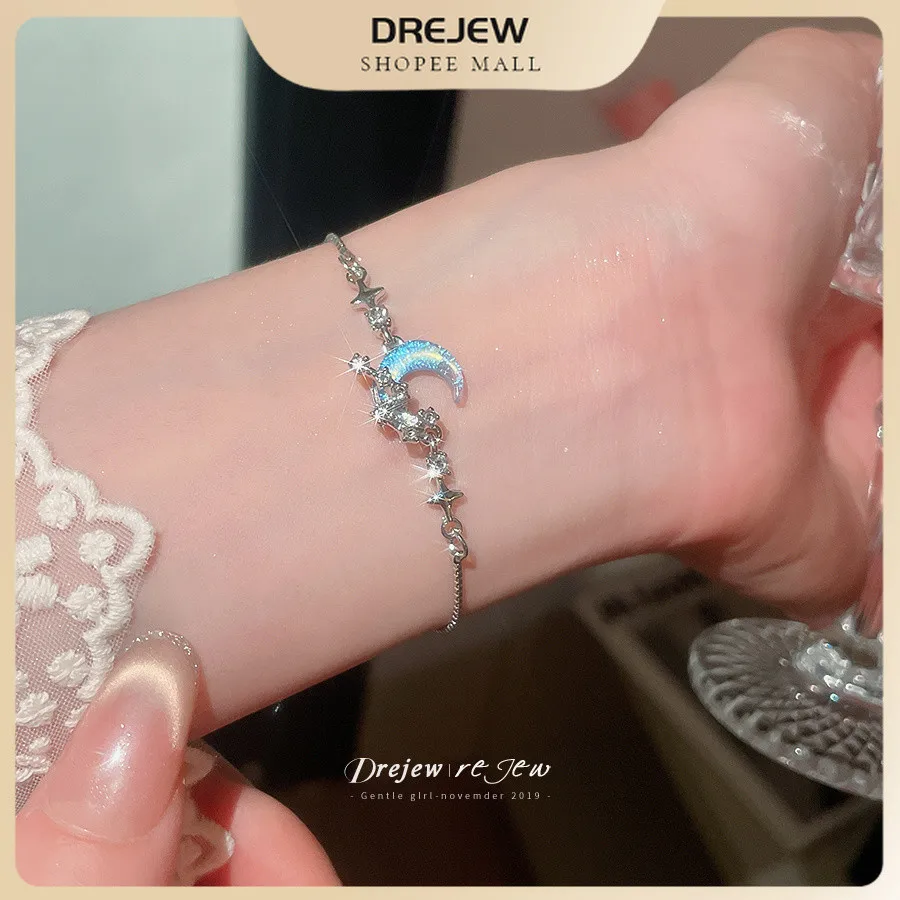 DREJEW Bracelet Blue Sparkle Inlay Oval Cut Stone Continuous Link Slim Chain Elegant Minimalist Design Jewelry for Women