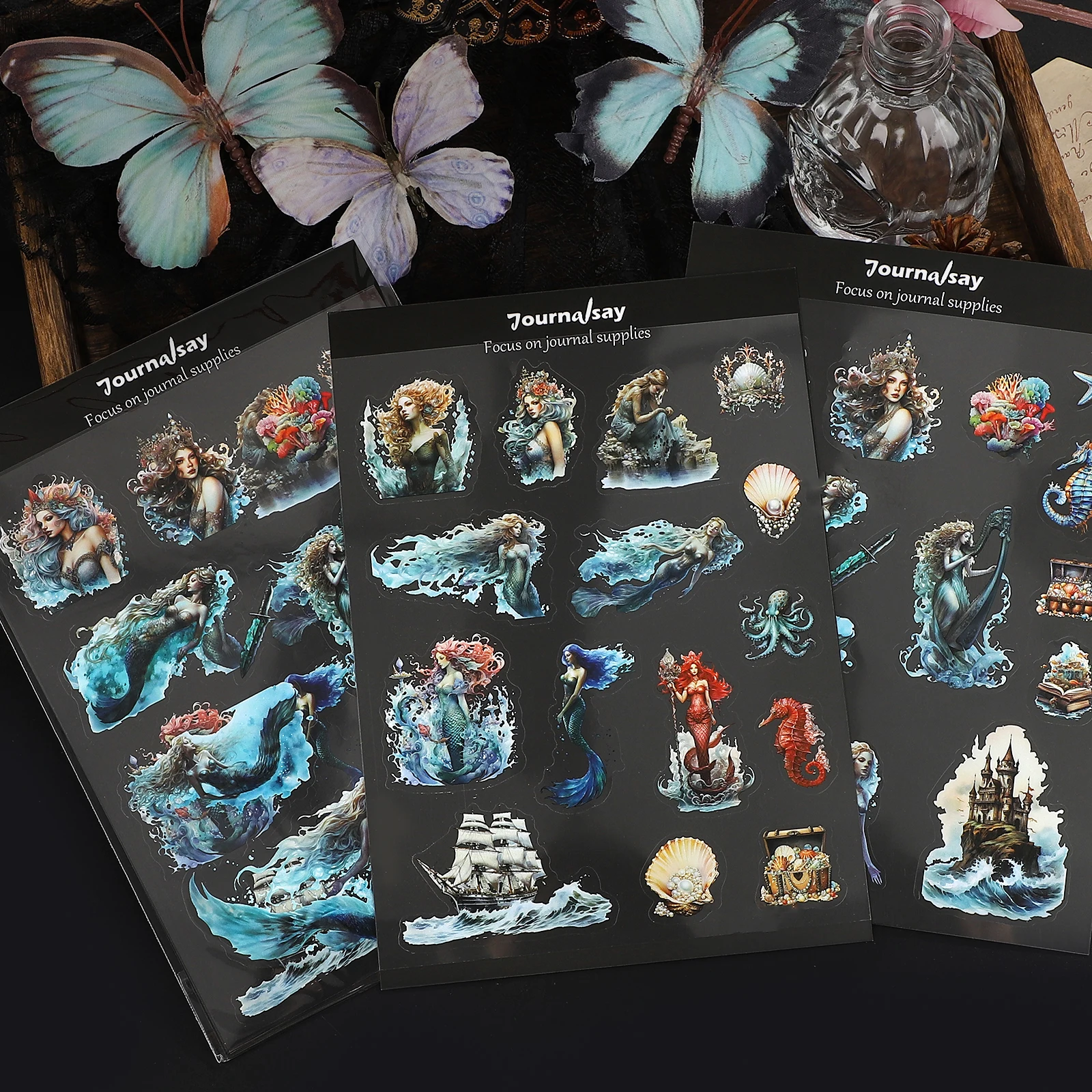 2 Sheets Vintage Mermaid Sea Character Landscape PET Sticker Creative DIY Journal Material Collage Scrapbook Stationery