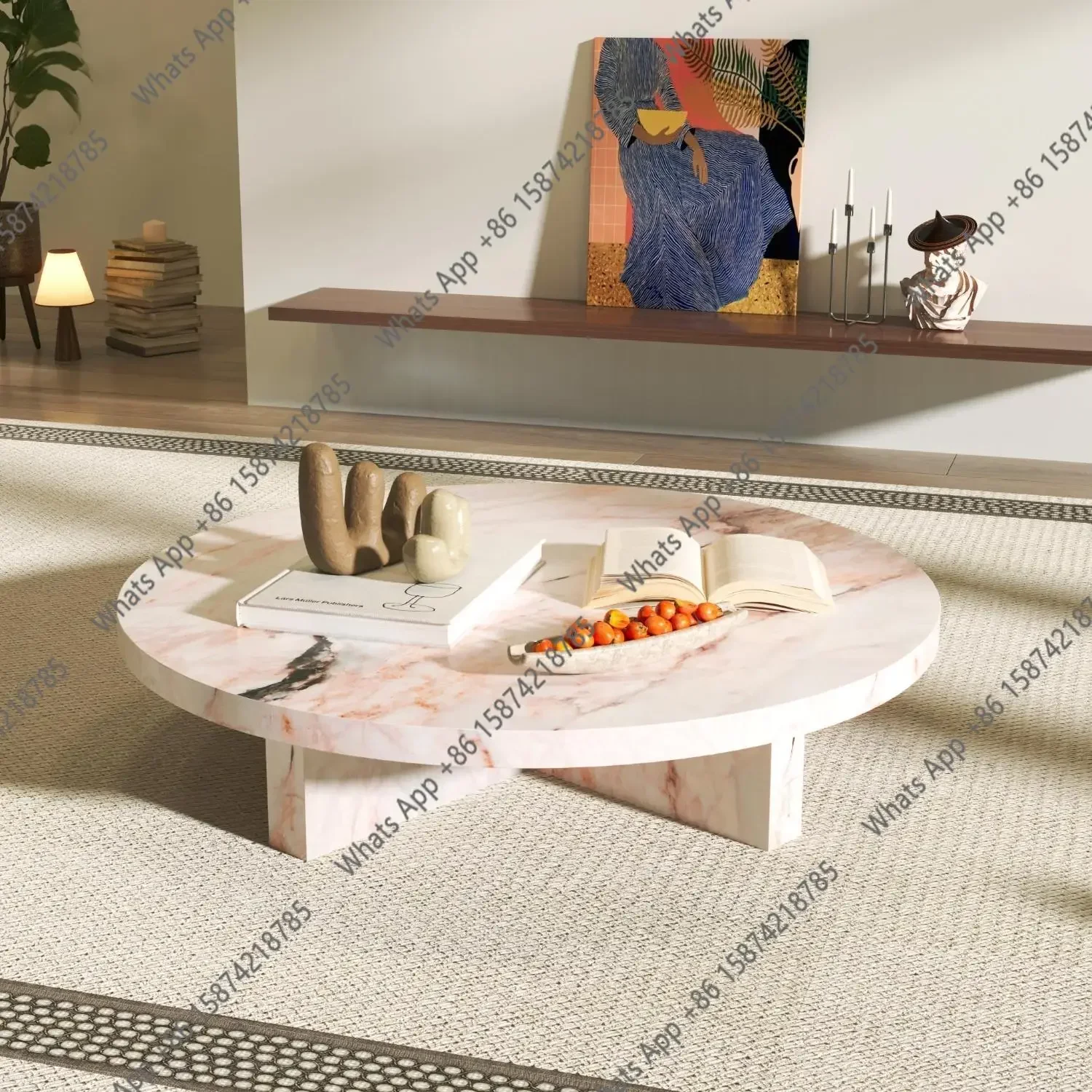 bN New Pink Jade Round Coffee Table Large Living Room Luxury Stone Side Table Heat & Scratch Resistant Master Design Customizabl