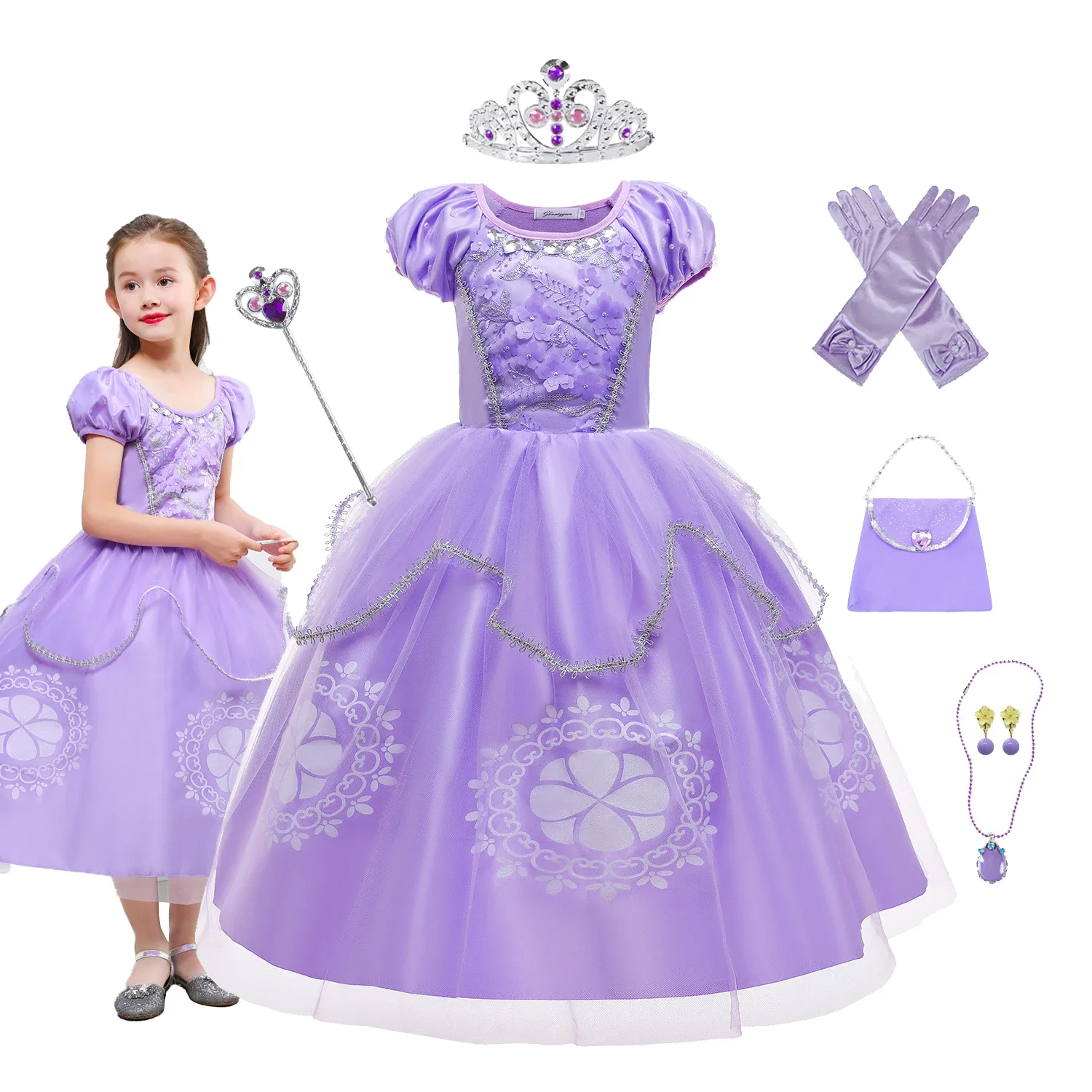 Cartoon Sophia the First Anime Costume Girls Princess Dress Floral Floral Appliques Ball Gown Kids Carnival Sofia Cosplay Robes