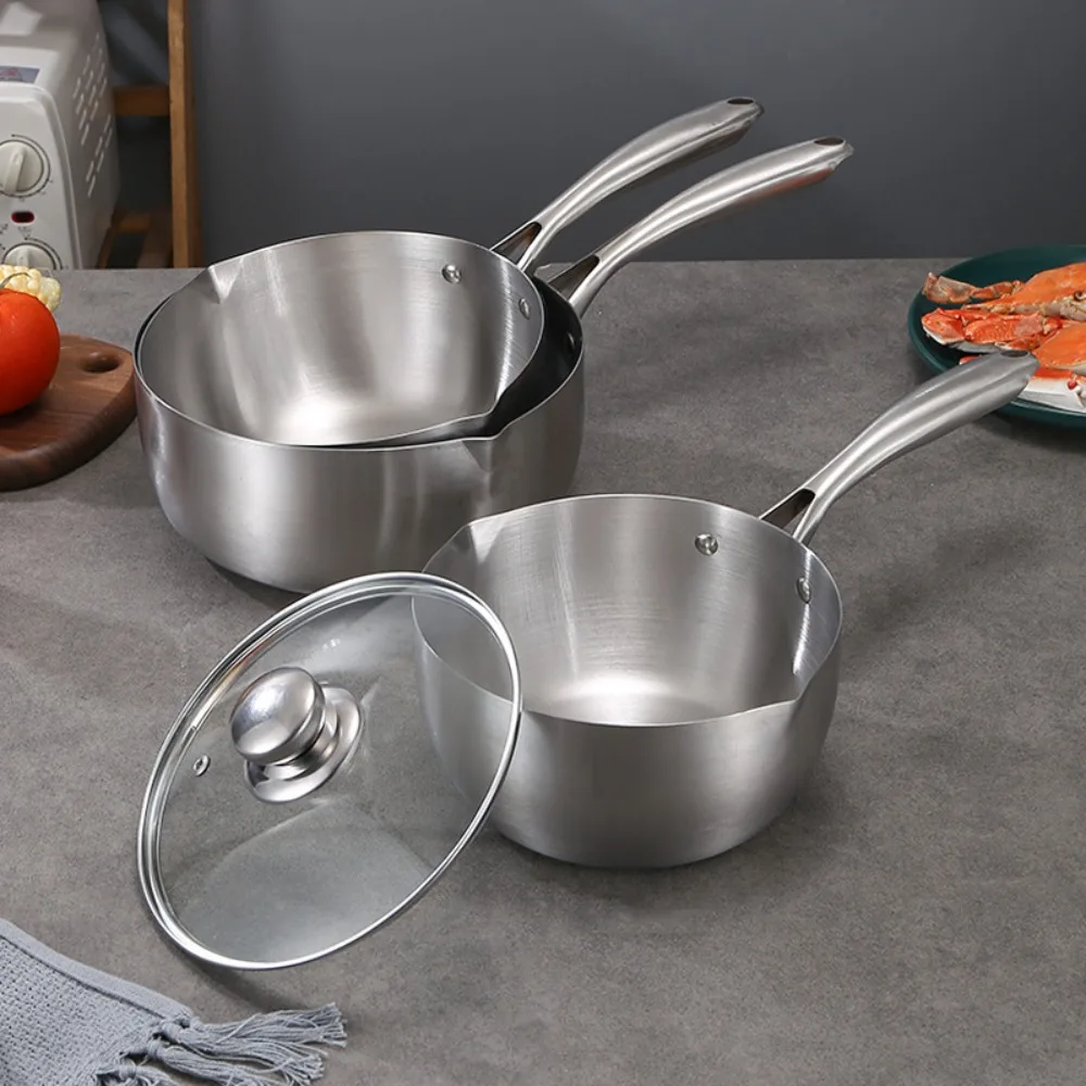 With Glass Lid Stainless Steel Saucepan No Coating with Marking Milk Pot Dual Side Outlet Port Fast Heat Stew Pot Stove