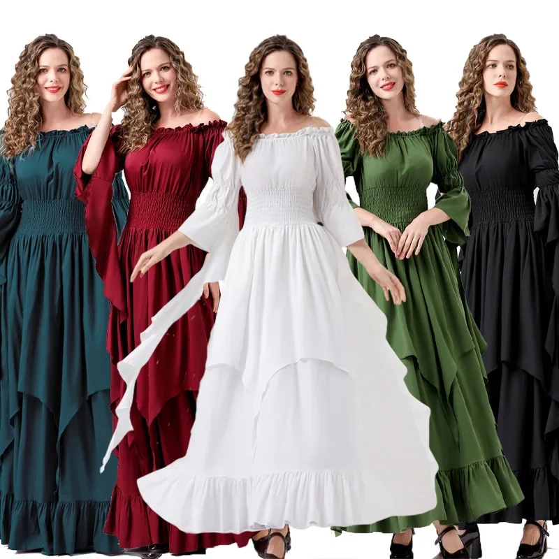 

Women Maxi Flared Sleeve One Shoulder Female Medieval Dress Renaissance Costume Retro Gothic Halloween Oktoberfest Fancy Dresses