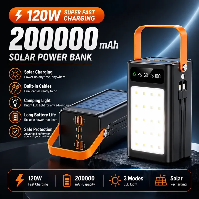 2027 New 160000mAh Solar Power Bank 120W Fast Charging Huge Capacity Outdoor Emergency External Battery for iPhone