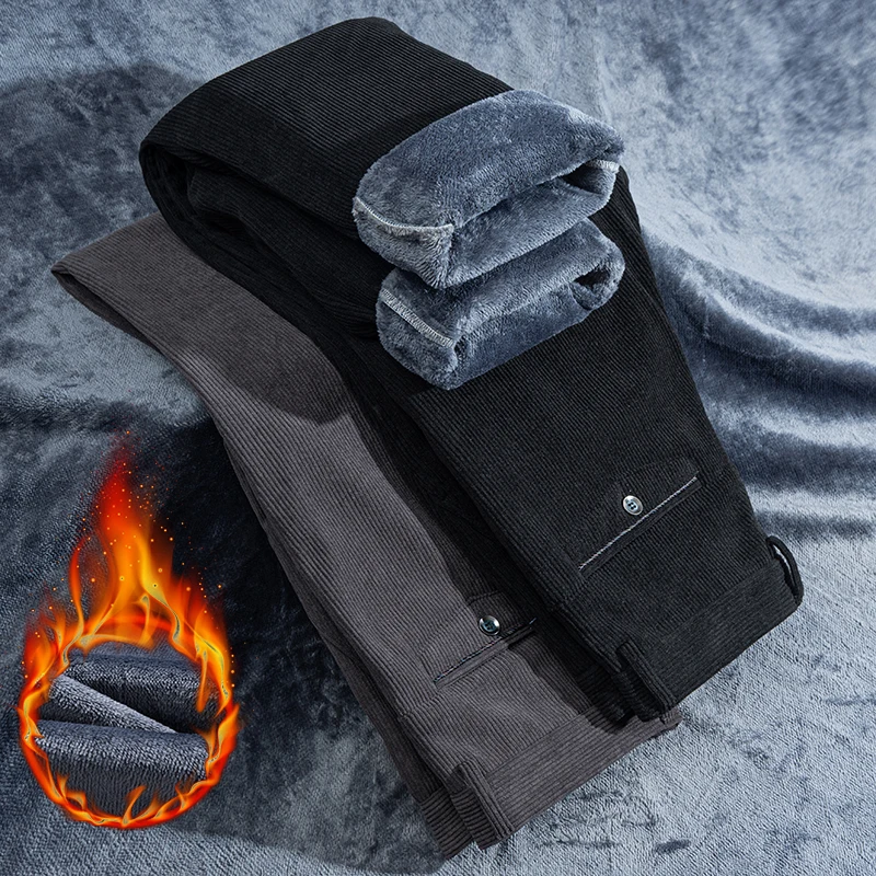 Corduroy Plush Velvet Casual Pants Men\'s Winter Thicken Warm Classic Straight Business  Fleece Thermal Trousers Brand Clothes