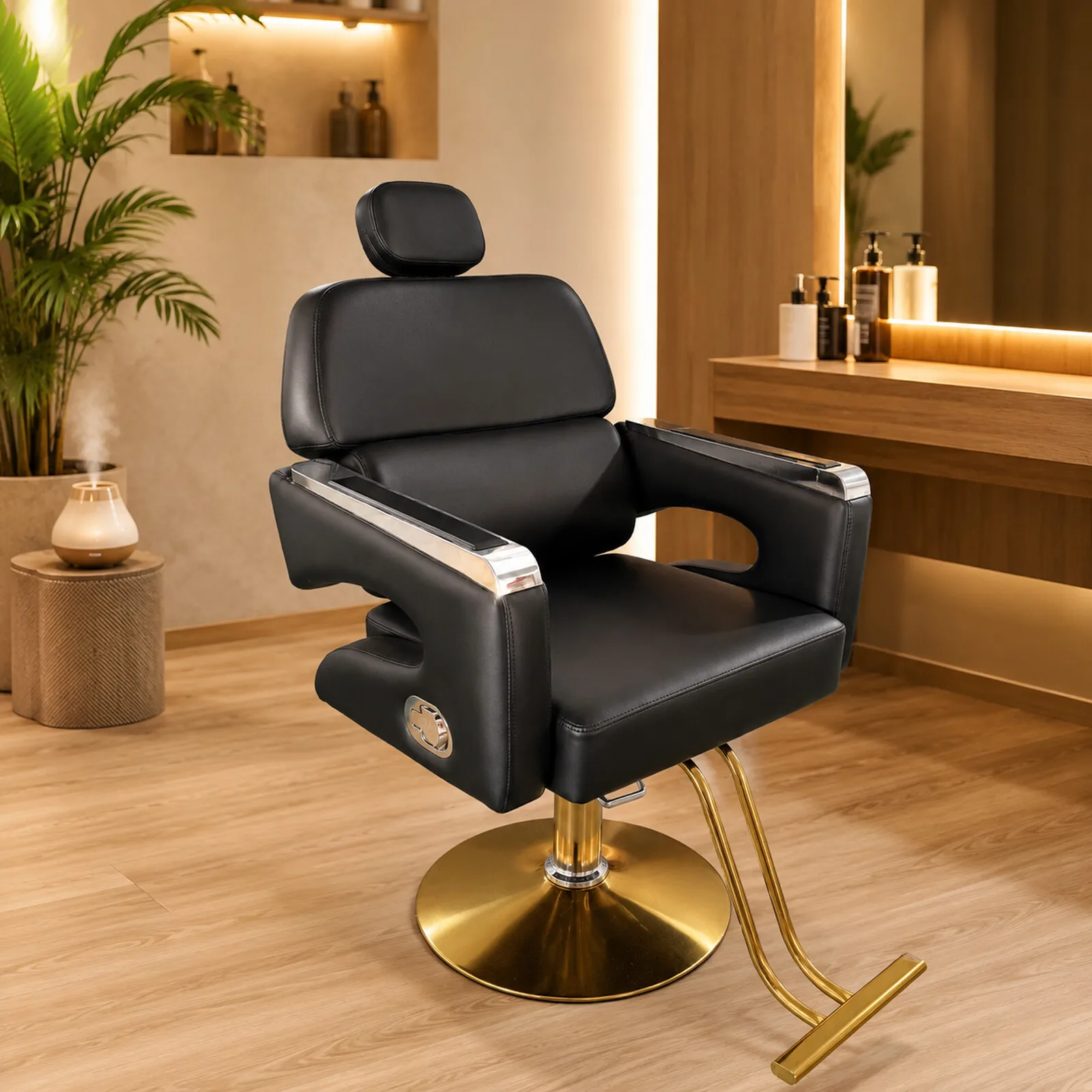 Heavy‑Duty Hydraulic Barber Chair Reclining 360 Rotate Gold Base Salon Hair Styling Furniture