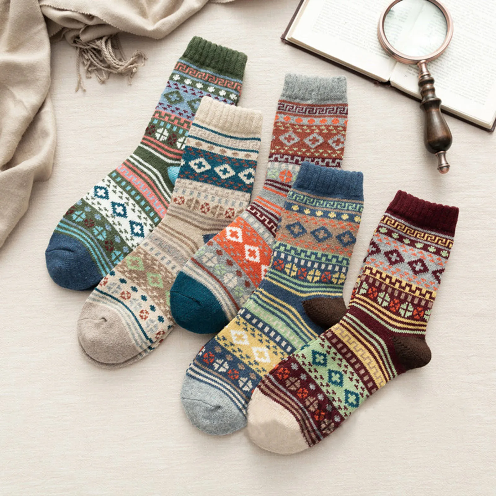 

5pairs Winter Women'S Thick Ethnic Style Knitted Rabbit Wool Socks For Warmth Comfortable Breathable Knee-High Socks