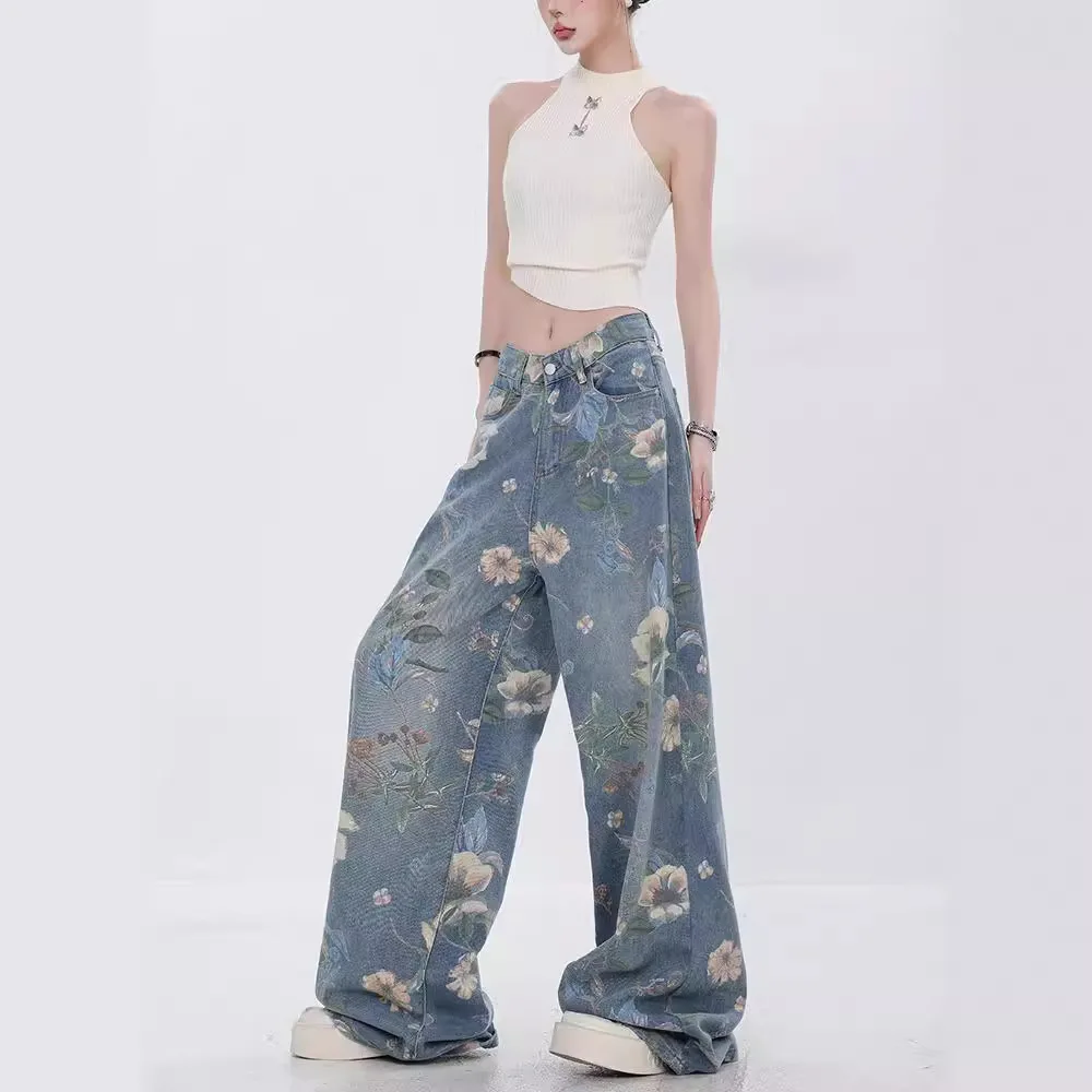 Celana Jeans Denim Wanita Celana Panjang Lantai Kaki Lebar Celana Panjang Lurus Pinggang Tinggi Motif Bunga Celana Jeans Ibu Splice Pakaian Jalanan Y2k